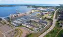 An aerial shot of Erie’s bayfront district.