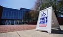 A voting location sign is displayed outside Allentown Public Library in Lehigh County, Pennsylvania.
