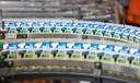 Milk cartons on a production line.