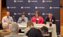 An election Q&A at Duquesne University. L to R: Votebeat's Carter Walker; Indiana County's Sherene Hess; Washington County's Melanie Ostrander; Allegheny County's Chet Harhut.