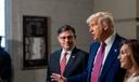 President Trump and Speaker of the House Mike Johnson (R., La.) speak to members of the media at the U.S. Capitol in Washington, D.C., Tuesday, May 20, 2025, before meeting with the House GOP Conference about passing Trump's budget bill.