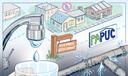 An illustration of water coming from a tap, houses, pipes, a Rock Spring Water Company sign, and a PUC sign.