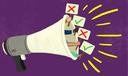 Illustration of a megaphone with people hanging out of the opening, holding up signs with red Xs or green check marks.