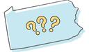 An outline of Pennsylvania with 3 question marks in the center