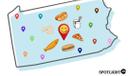 Illustration of Pennsylvania with select food items and location pins placed across the state.