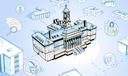 Illustration of Old Main surrounded by icons of money, a football helmet, a speaker, and more.