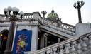 The Pennsylvania flag is seen hanging on the east side of the state Capitol building in Harrisburg.