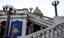 The Pennsylvania flag is seen hanging on the east side of the state Capitol building in Harrisburg.