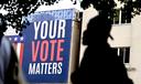 A banner along Spring Garden Street reminds Philadelphia citizens it is Election Day on Tuesday, May 16, 2023.