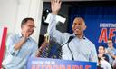 PA Gov. Josh Shapiro, left, and U.S. House Democratic Leader Hakeem Jeffries attend the campaign event for Democratic congressional candidate Bob Brooks ahead of the midterm elections at a Steelworkers Union Hall in Bethlehem, PA.