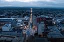 An aerial photo of downtown Allentown, Pennsylvania, at dusk.