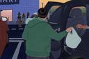 An illustration of a person in a green sweatshirt handing a grocery bag to someone in a car as ICE agents stand in front of a grocery store.