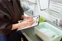 A stock image of a person with a clipboard in a kitchen.