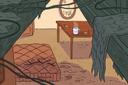 An illustration of a room exposed by a missing roof, inspired by a real-life case in Allegheny County.