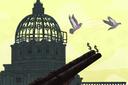 An illustration of a gun adorned with dollar signs aiming at pigeons flying from the Pa. Capitol.