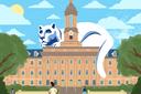 An illustration of the Nittany Lion sleeping on top of Old Main.