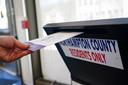 A voter puts a ballot into a drop box on primary Election Day 2024 at Bethlehem City Hall in Northampton County, Pennsylvania. A voter puts a ballot into a drop box on primary Election Day 2024 at Bethlehem City Hall in Northampton County, Pennsylvania.