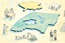 Illustration of a piece of land fitting into another like a puzzle with various icons around it.