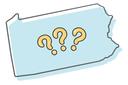 An outline of Pennsylvania with three question marks in the center