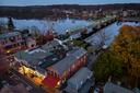 Aerial view of New Hope, Pennsylvania, Lambertville, New Jersey, and the Delaware River.