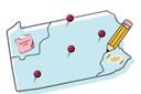 An illustration of a pencil drawing a squiggly line on a map of Pennsylvania that has sticky notes and pushpins stuck to it.