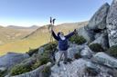 Dale Sanders, 91, celebrates after completing a difficult section of Mt. Katahdin, Monday, Aug. 31, 2026, in Baxter State Park in Piscataquis County, Maine.