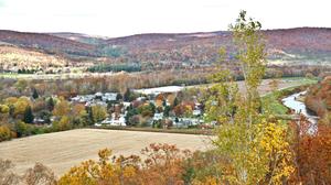 Tioga borough, in northern Pennsylvania, seen in the fall from a bird's-eye view.