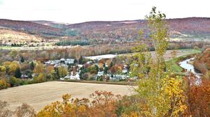 Tioga borough, in northern Pennsylvania, seen in the fall from a bird's-eye view. Tioga borough, in northern Pennsylvania, seen in the fall from a bird's-eye view.