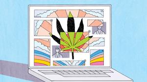 An illustration shows a laptop with a marijuana leaf on it