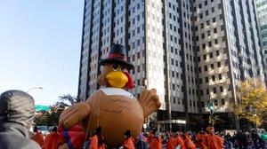 A turkey float at the Thanksgiving Day Parade in Philadelphia on Nov. 24, 2022.