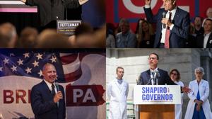 From top left, clockwise: U.S. Senate candidate John Fetterman; U.S. Senate candidate Mehmet Oz; gubernatorial candidate Josh Shapiro; gubernatorial candidate Doug Mastriano