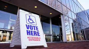 A voting sign sits Nov. 8, 2022, outside Allentown Public Library in Allentown, Lehigh County, Pennsylvania.