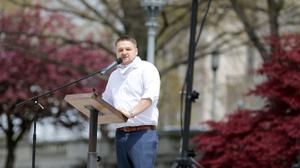 Rep. Aaron Bernstine — seen here at a reopen rally outside the Capitol in April — apologized for “jokes that went too far” during a family vacation.
