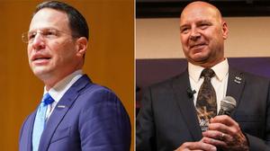 Five gubernatorial candidates will be on the Nov. 8 ballot, including Democrat Josh Shapiro (left) and Doug Mastriano (right).