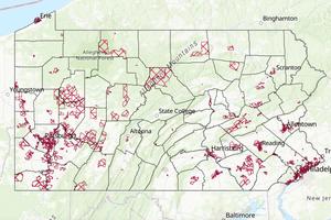 A map of Pennsylvania’s 2023 environmental justice areas highlighted in red.