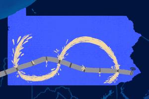 An illustration of the Mariner East II pipeline running across PA with drilling fluid leaks creating a dollar sign.