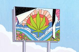 An illustration of a billboard with a prominent marijuana leaf
