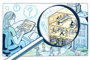 Illustration of a woman at a computer next to a magnifying glass showing the various elements of  local government work.