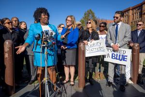 PA House Democrat Joanna McClinton speaks at Independence Hall in Philadelphia to discuss the 2022 midterm election. 