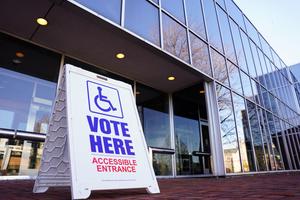 A voting sign sits outside the Allentown Public Library in Pennsylvania on Nov. 8, 2022.