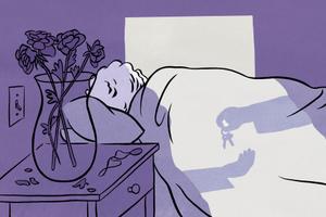 An illustration of an older woman sleeping in bed.