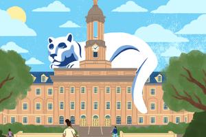 An illustration of the Nittany Lion sleeping on top of Old Main.