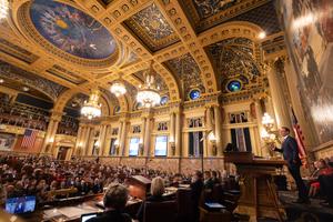 Gov. Josh Shapiro presented his first budget proposal to the legislature in Harrisburg, PA in March.