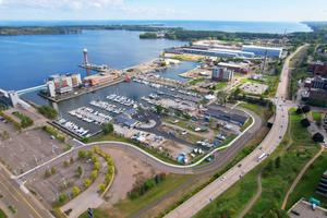 An aerial shot of Erie’s bayfront district.