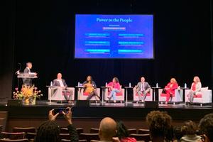 Participants in the “Power to the People” panel: journalist Anthony Orozco; former state Rep. Stan Saylor; Salewa Ogunmefun of Pennsylvania Voice; Yamelisa Tavera of the Unidos Foundation; state Rep. Johanny Cepeda-Freytiz; Jonathan Cervas of Carnegie Mellon; and Jennie Dallas of La Voz Latina Central.