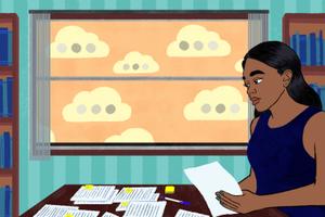 An illustration of a woman reviewing documents in a library with text bubble clouds outside the window.