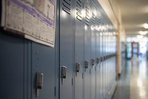 A row of lockers at Bennetts Valley Elementary School in Weedville, Pennsylvania.