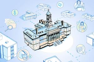 Illustration of Old Main surrounded by icons of money, a football helmet, a speaker, and more.
