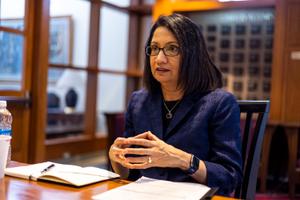 Penn State President Neeli Bendapudi talks during a Philadelphia Inquirer interview in State College, Pa., in February.