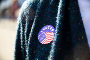 A Pennsylvania voter in Camp Hill wears an I Voted sticker on Election Day, Nov. 8, 2022.